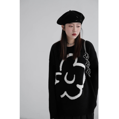 馬海毛軟糯毛衣女秋季2025新款黑色圓領針織衫慵懶風寬松套頭上衣 馬海毛軟糯毛衣女秋季2025新款黑色圓領針織衫慵懶風寬松套頭上衣