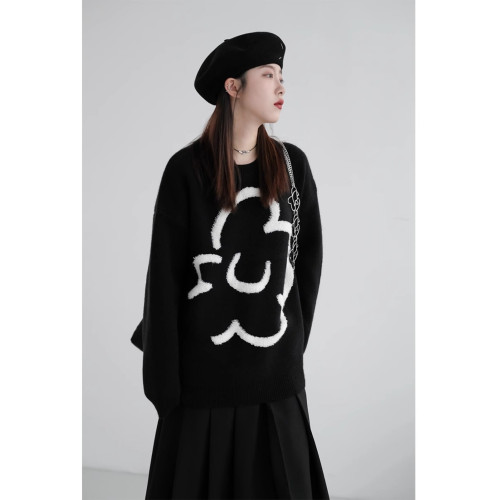 馬海毛軟糯毛衣女秋季2025新款黑色圓領針織衫慵懶風寬松套頭上衣 馬海毛軟糯毛衣女秋季2025新款黑色圓領針織衫慵懶風寬松套頭上衣