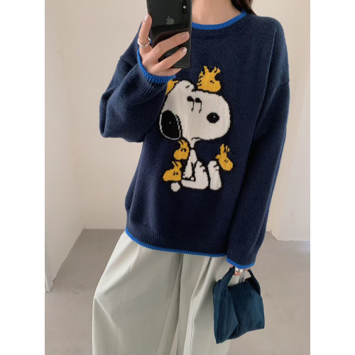 韓國卡通史努比圓套頭毛衣女秋冬2025新款寬松減齡慵懶風針織上衣