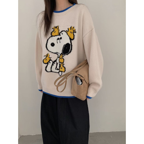 韓國卡通史努比圓套頭毛衣女秋冬2025新款寬松減齡慵懶風針織上衣