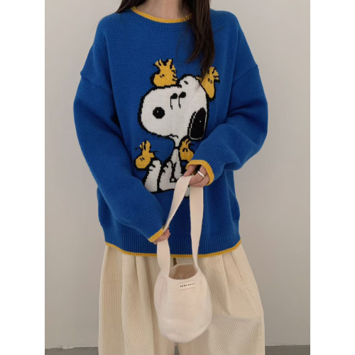 韓國卡通史努比圓套頭毛衣女秋冬2025新款寬松減齡慵懶風針織上衣