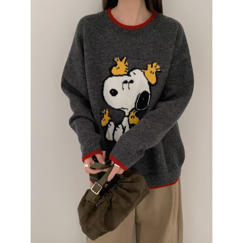 韓國卡通史努比圓套頭毛衣女秋冬2025新款寬松減齡慵懶風針織上衣