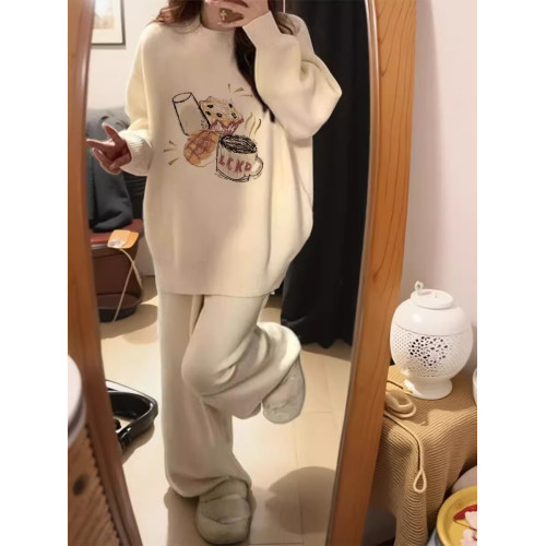 白色印花奶fufu秋冬毛衣女小個子慵懶風高級感上衣冬季加厚針織衫