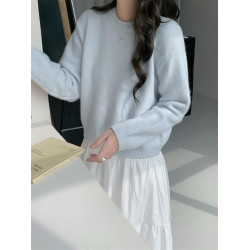 韓系學院風減齡圓領套頭馬卡龍奶油藍寬松毛衣女針織衫秋冬上衣