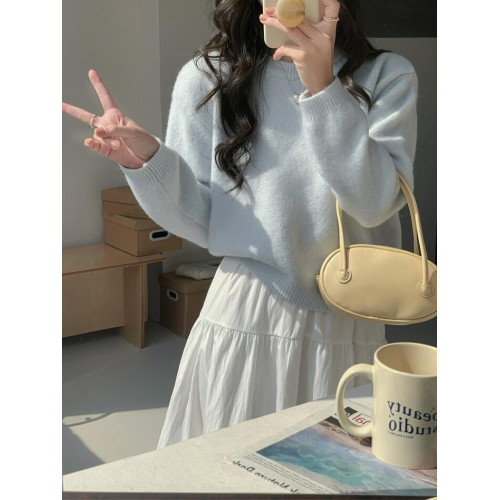 韓系學院風減齡圓領套頭馬卡龍奶油藍寬松毛衣女針織衫秋冬上衣 韓系學院風減齡圓領套頭馬卡龍奶油藍寬松毛衣女針織衫秋冬上衣