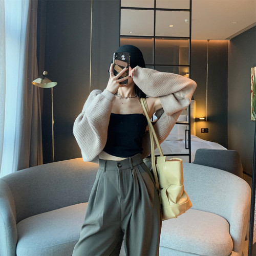 辣妹黑色設計感短款針織毛衣開衫女半截外搭坎肩罩衫披肩外套上衣 辣妹黑色設計感短款針織毛衣開衫女半截外搭坎肩罩衫披肩外套上衣