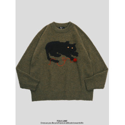 稚成人online 黑貓印花毛衣女春秋復古慵懶風百搭針織衫情侶毛衣