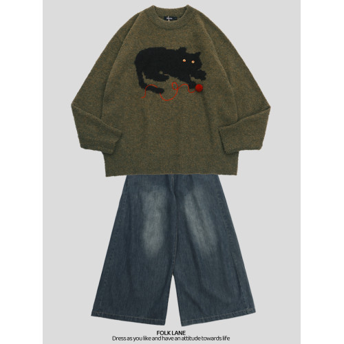 稚成人online 黑貓印花毛衣女春秋復古慵懶風百搭針織衫情侶毛衣 稚成人online 黑貓印花毛衣女春秋復古慵懶風百搭針織衫情侶毛衣