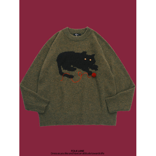 稚成人online 黑貓印花毛衣女春秋復古慵懶風百搭針織衫情侶毛衣 稚成人online 黑貓印花毛衣女春秋復古慵懶風百搭針織衫情侶毛衣