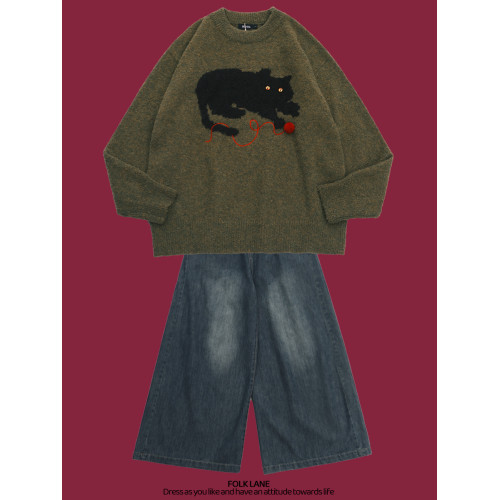 稚成人online 黑貓印花毛衣女春秋復古慵懶風百搭針織衫情侶毛衣 稚成人online 黑貓印花毛衣女春秋復古慵懶風百搭針織衫情侶毛衣