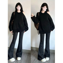 黑色圓領套頭露肩毛衣女秋冬2025新款韓系慵懶風軟糯針織斜肩上衣