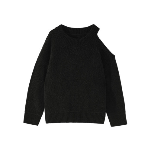 黑色圓領套頭露肩毛衣女秋冬2025新款韓系慵懶風軟糯針織斜肩上衣 黑色圓領套頭露肩毛衣女秋冬2025新款韓系慵懶風軟糯針織斜肩上衣