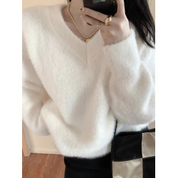 馬海毛白色毛衣女內搭秋冬季2025溫柔v領套頭寬松慵懶針織衫外穿