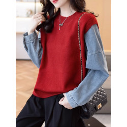 牛仔袖拼接假兩件毛衣女2025新款秋冬爆款穿搭寬松針織衫打底上衣