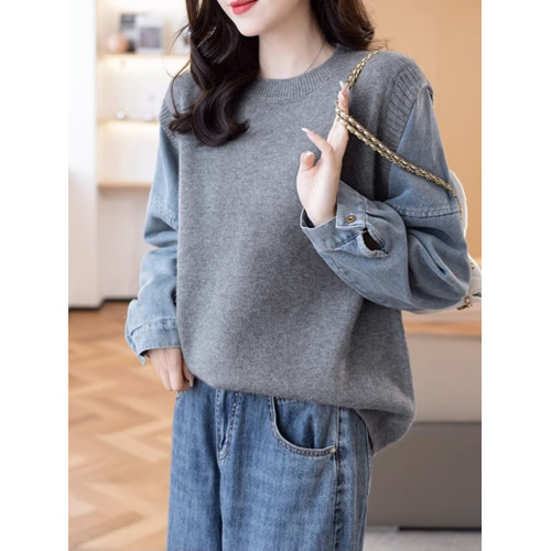 牛仔袖拼接假兩件毛衣女2025新款秋冬爆款穿搭寬松針織衫打底上衣