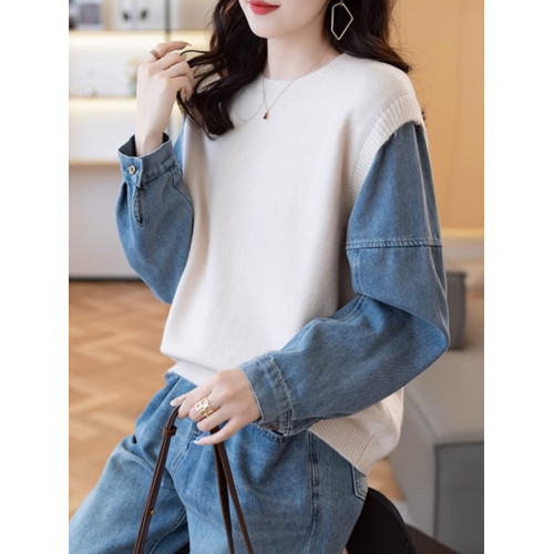 牛仔袖拼接假兩件毛衣女2025新款秋冬爆款穿搭寬松針織衫打底上衣