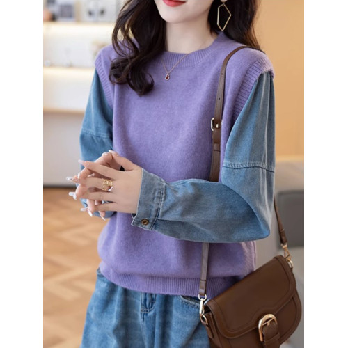 牛仔袖拼接假兩件毛衣女2025新款秋冬爆款穿搭寬松針織衫打底上衣