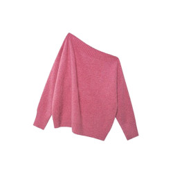 粉色不規則斜肩毛衣女款2025新款秋冬季加厚慵懶風露肩針織衫上衣