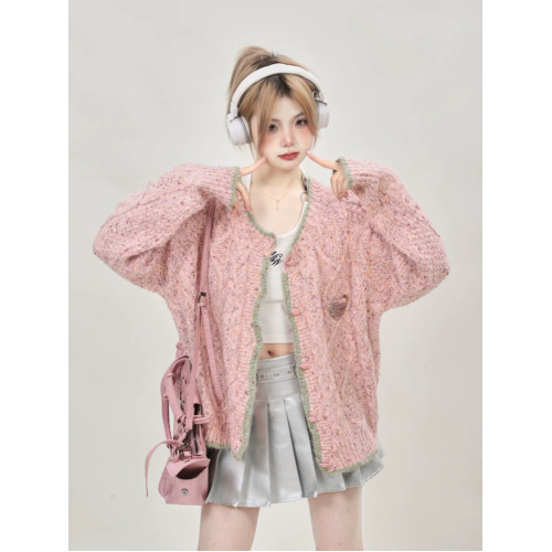 2025秋季新款法式高級感小香風針織開衫粉色毛衣外套女春秋慵懶風 2025秋季新款法式高級感小香風針織開衫粉色毛衣外套女春秋慵懶風