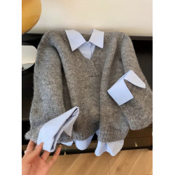 灰藍撞色毛衣襯衫假兩件曡穿女秋冬韓系設計感小衆獨特針織衫上衣