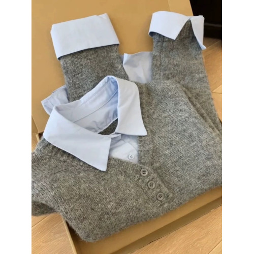 灰藍撞色毛衣襯衫假兩件曡穿女秋冬韓系設計感小衆獨特針織衫上衣 灰藍撞色毛衣襯衫假兩件曡穿女秋冬韓系設計感小衆獨特針織衫上衣