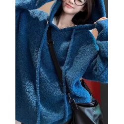 韓系慵懶風軟糯圈圈紗連帽毛衣2024秋冬季新款寬松加厚保暖上衣女