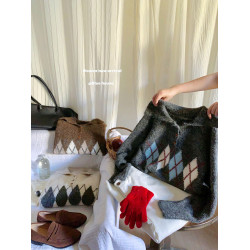 日系學院風復古撞色菱格翻領套頭毛衣女冬加厚軟糯寬松針織衫上衣