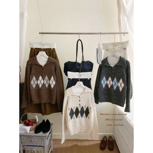 日系學院風復古撞色菱格翻領套頭毛衣女冬加厚軟糯寬松針織衫上衣 日系學院風復古撞色菱格翻領套頭毛衣女冬加厚軟糯寬松針織衫上衣