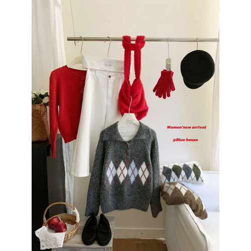 日系學院風復古撞色菱格翻領套頭毛衣女冬加厚軟糯寬松針織衫上衣 日系學院風復古撞色菱格翻領套頭毛衣女冬加厚軟糯寬松針織衫上衣