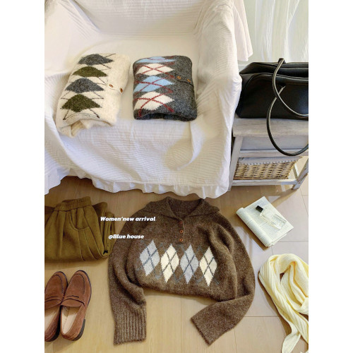 日系學院風復古撞色菱格翻領套頭毛衣女冬加厚軟糯寬松針織衫上衣 日系學院風復古撞色菱格翻領套頭毛衣女冬加厚軟糯寬松針織衫上衣