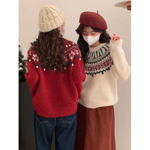 復古提花聖誕新年紅色費爾島毛衣女套頭寬松秋冬加厚內搭針織上衣 復古提花聖誕新年紅色費爾島毛衣女套頭寬松秋冬加厚內搭針織上衣