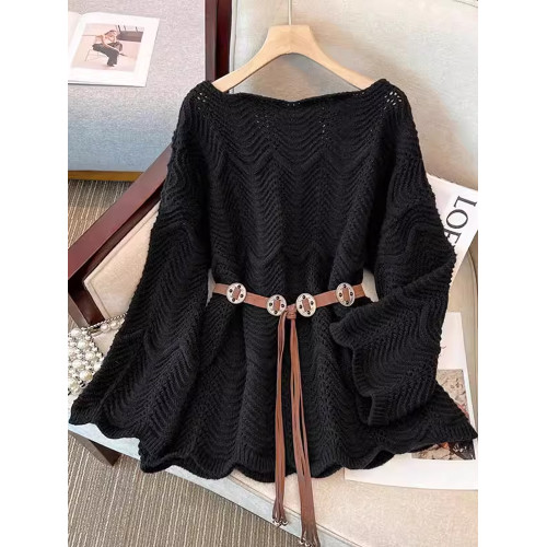 大碼2025春秋新款胖MM女裝長袖純色洋氣減齡腰帶收腰顯瘦針織毛衣