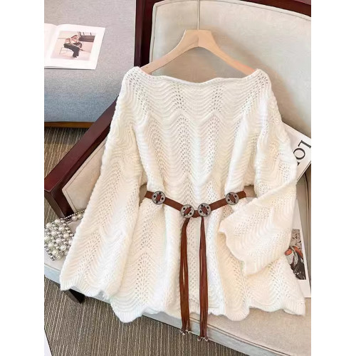 大碼2025春秋新款胖MM女裝長袖純色洋氣減齡腰帶收腰顯瘦針織毛衣