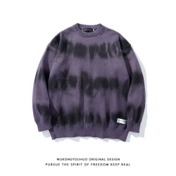 ins歐美嘻哈復古紥染噴繪套頭毛衣男潮牌嘻哈bf慵懶風情侶針織衫