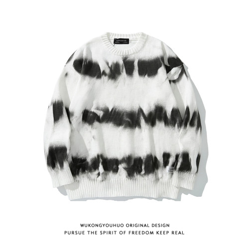 ins歐美嘻哈復古紥染噴繪套頭毛衣男潮牌嘻哈bf慵懶風情侶針織衫