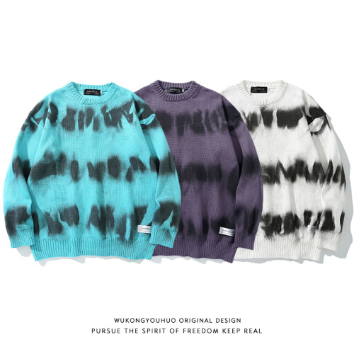 ins歐美嘻哈復古紥染噴繪套頭毛衣男潮牌嘻哈bf慵懶風情侶針織衫