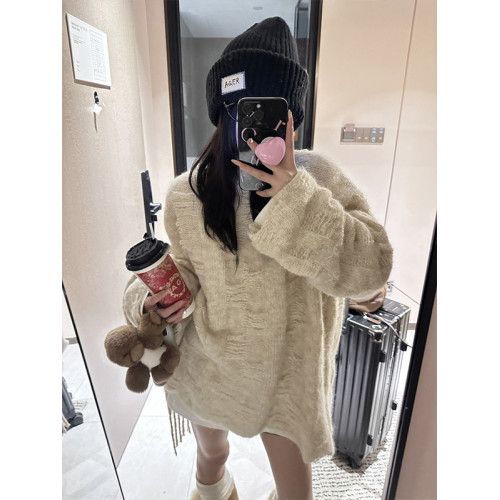 松弛感慵懶風中長款毛衣女2025秋冬寬松破洞設計感遮屁股針織上衣 松弛感慵懶風中長款毛衣女2025秋冬寬松破洞設計感遮屁股針織上衣
