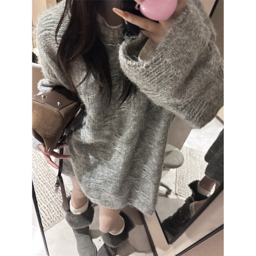 松弛感慵懶風中長款毛衣女2025秋冬寬松破洞設計感遮屁股針織上衣 松弛感慵懶風中長款毛衣女2025秋冬寬松破洞設計感遮屁股針織上衣