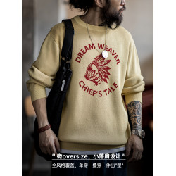 馬登工裝美式復古仿亞麻字母撞色毛衣阿美哢嘰套頭圓領針織衫男秋