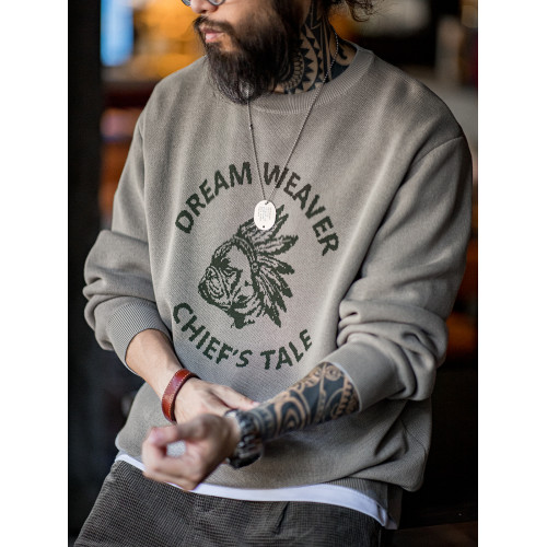 馬登工裝美式復古仿亞麻字母撞色毛衣阿美哢嘰套頭圓領針織衫男秋