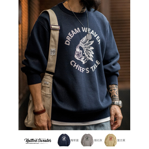 馬登工裝美式復古仿亞麻字母撞色毛衣阿美哢嘰套頭圓領針織衫男秋