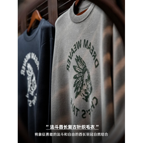 馬登工裝美式復古仿亞麻字母撞色毛衣阿美哢嘰套頭圓領針織衫男秋