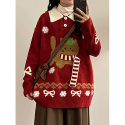 UATONLINE秋冬日系趣味圍巾蘋果小貓提花針織衫寬松POLO翻領毛衣