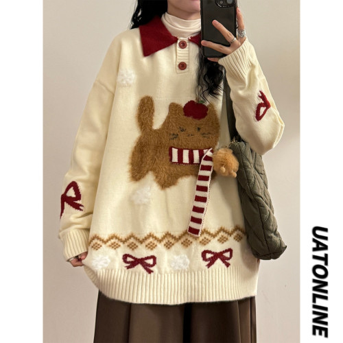 UATONLINE秋冬日系趣味圍巾蘋果小貓提花針織衫寬松POLO翻領毛衣 UATONLINE秋冬日系趣味圍巾蘋果小貓提花針織衫寬松POLO翻領毛衣