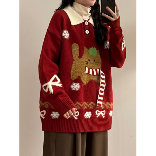 UATONLINE秋冬日系趣味圍巾蘋果小貓提花針織衫寬松POLO翻領毛衣 UATONLINE秋冬日系趣味圍巾蘋果小貓提花針織衫寬松POLO翻領毛衣