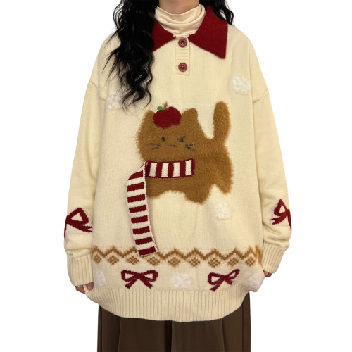 UATONLINE秋冬日系趣味圍巾蘋果小貓提花針織衫寬松POLO翻領毛衣 UATONLINE秋冬日系趣味圍巾蘋果小貓提花針織衫寬松POLO翻領毛衣