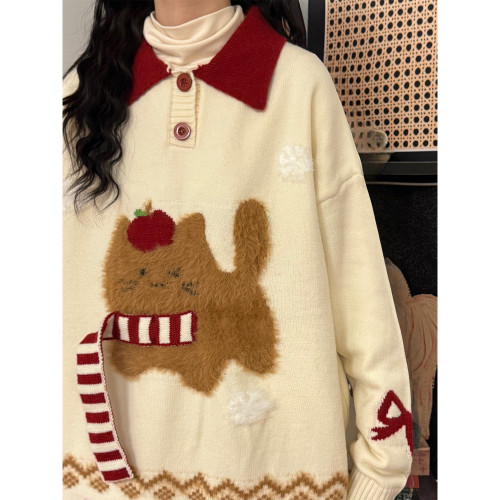 UATONLINE秋冬日系趣味圍巾蘋果小貓提花針織衫寬松POLO翻領毛衣 UATONLINE秋冬日系趣味圍巾蘋果小貓提花針織衫寬松POLO翻領毛衣