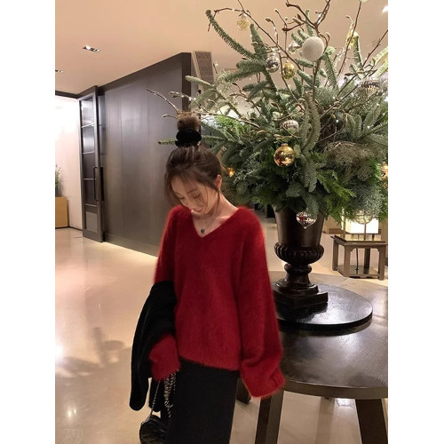 咖色v領仿水貂絨毛衣女秋冬軟糯慵懶風套頭針織衫高級感內搭上衣 咖色v領仿水貂絨毛衣女秋冬軟糯慵懶風套頭針織衫高級感內搭上衣