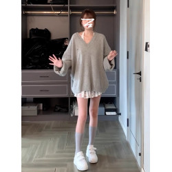 灰色慵懶風V領針織衫毛衣女早秋新款韓系寬松顯瘦高級感長袖上衣