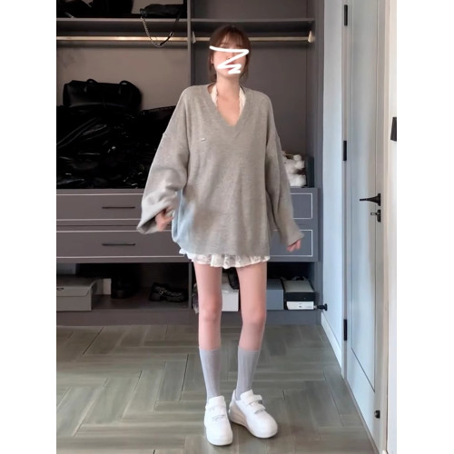 灰色慵懶風V領針織衫毛衣女早秋新款韓系寬松顯瘦高級感長袖上衣